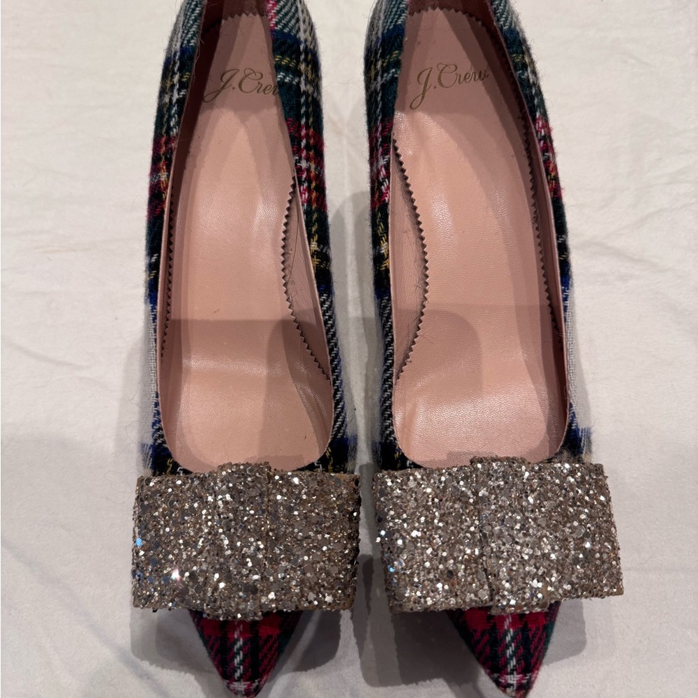 J. Crew Multicolor Plaid Heels with Glitter Bow